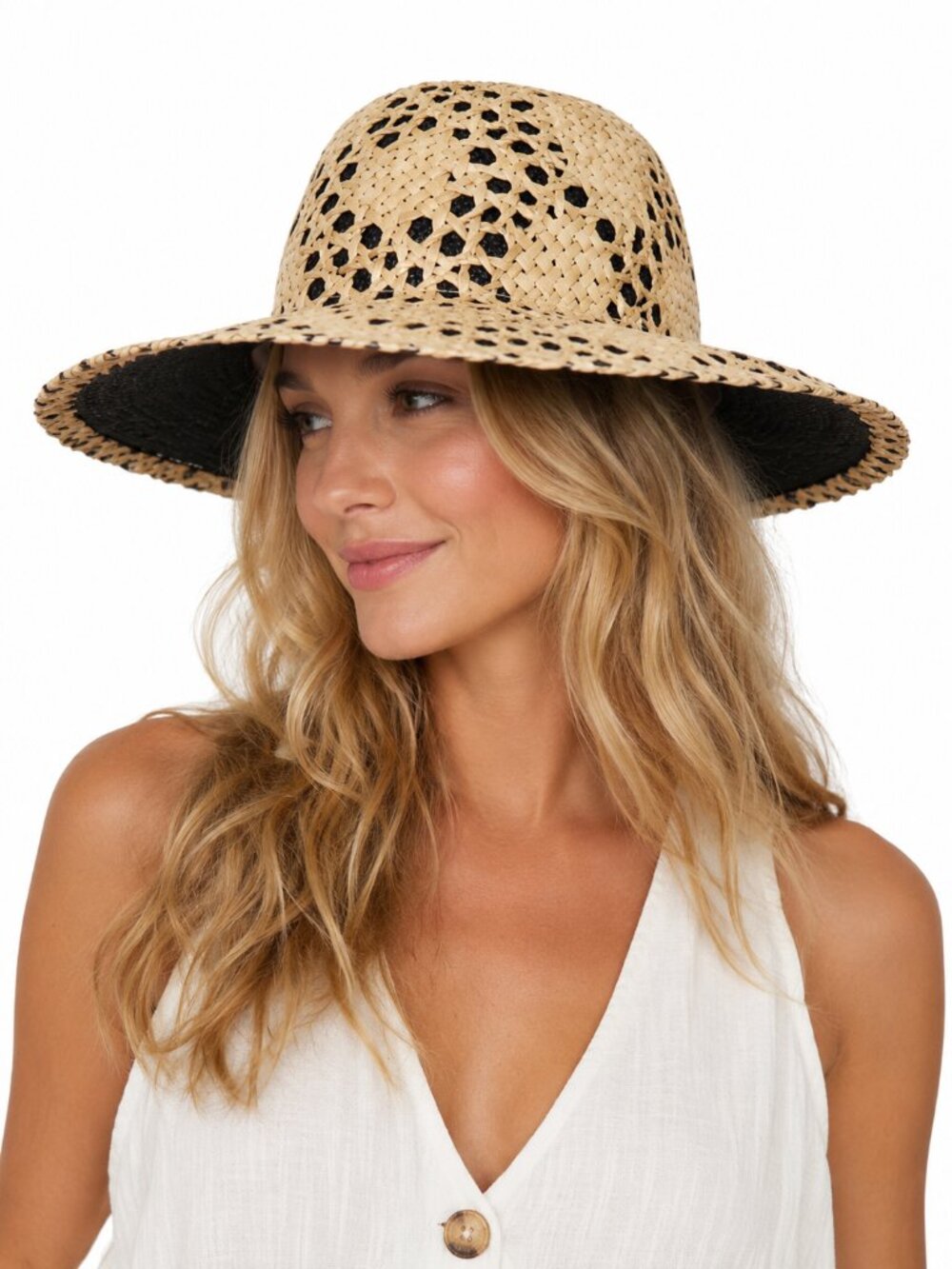 SANTELLI FRANCESCA Woven Straw Sun Hat Natural Tan Black Wide Brim Resort Beach